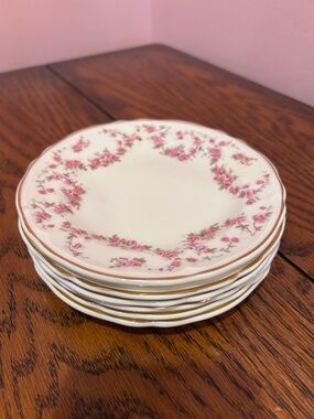 Edwin Knowles Floral Pink Rose Bread Plates with Gold Trim Set of 6